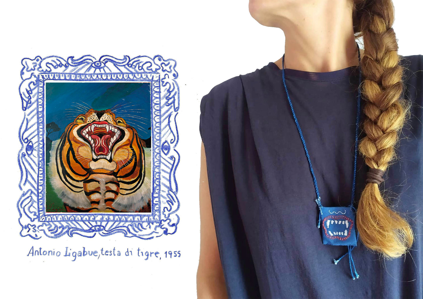 collana talismano contro l'aggressività ricamato a mano su stoffa immersa nell'indigo