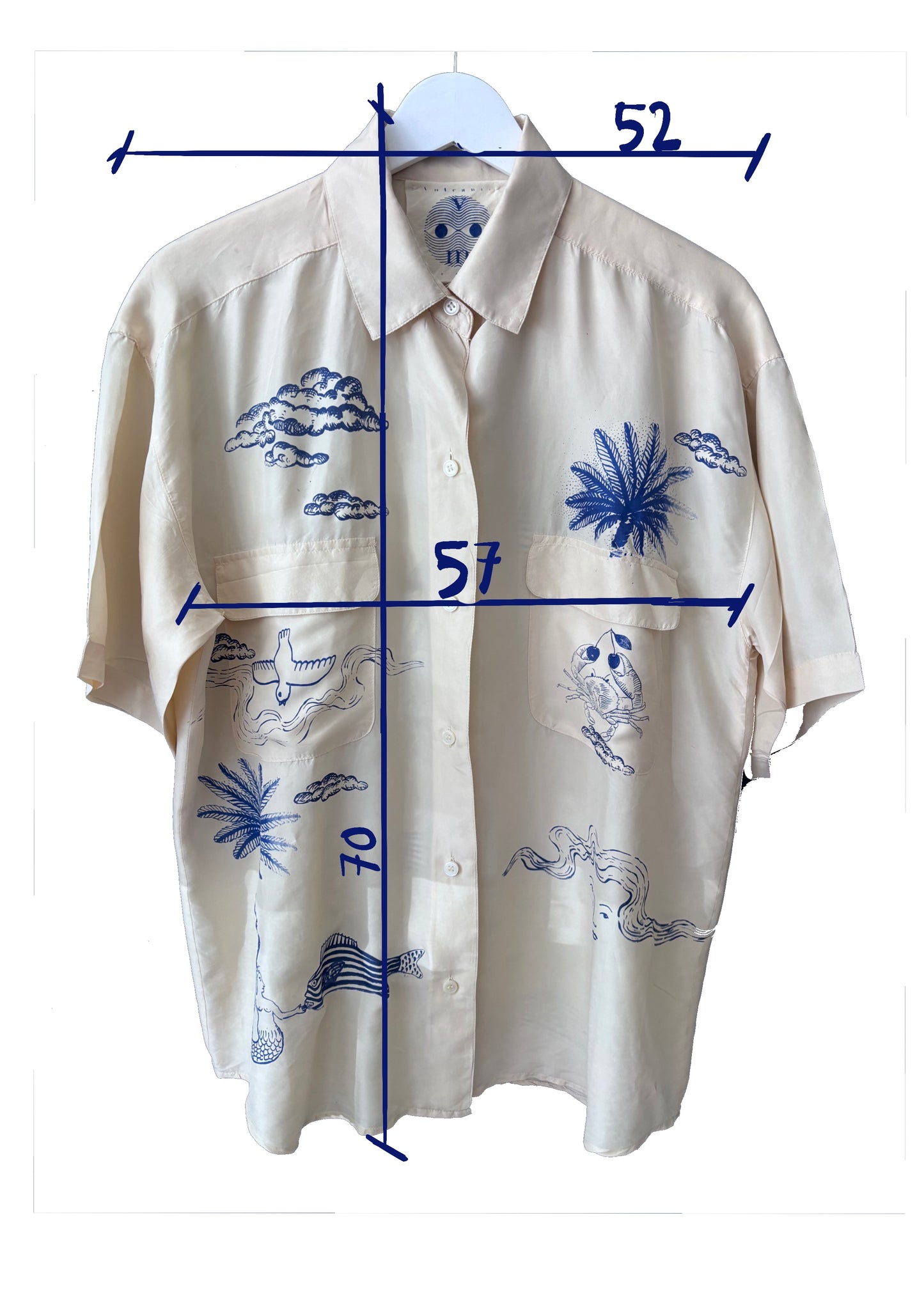 Camicia 100%seta avorio upcycled con serigrafie marine