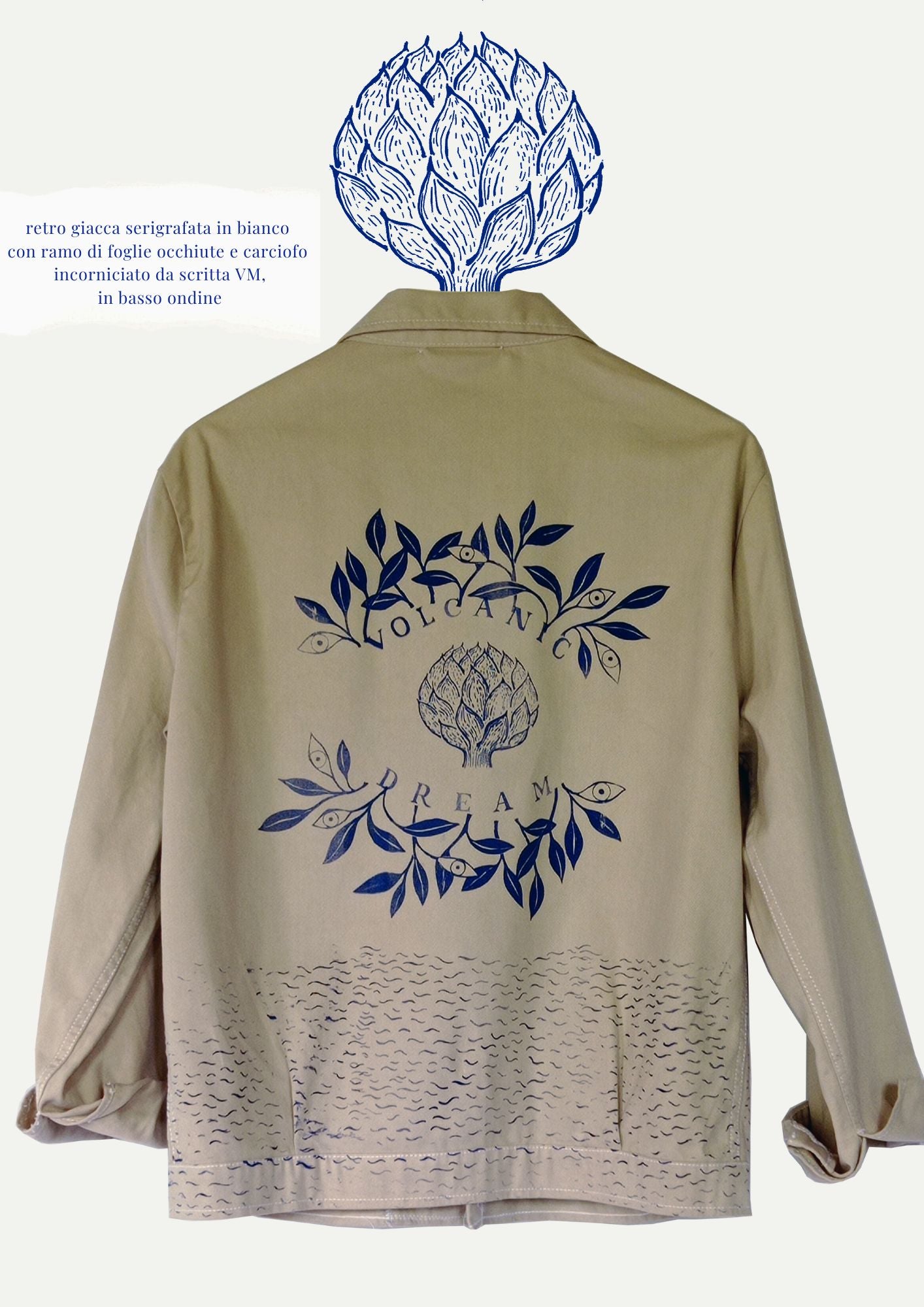 GIUBBOTTO/ SHACKET color sabbia tinto in capo serigrafata con foglie e carciofi in blu