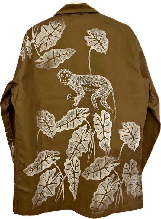 Shacket tabacco serigrafata con alocasia e scimmie