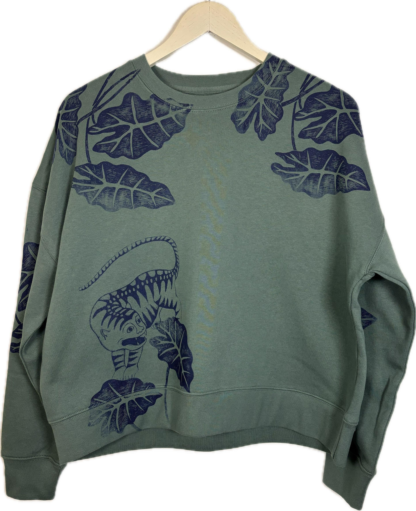 Felpa in cotone verde bosco serigrafata con foglie di alocasia