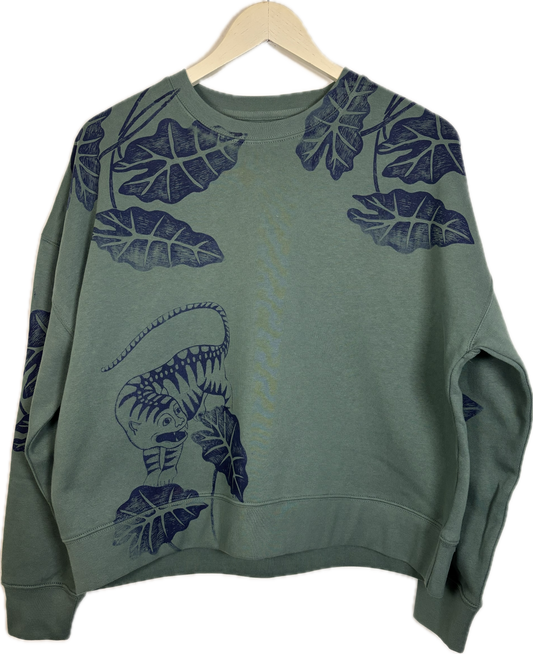 Felpa in cotone verde bosco serigrafata con foglie di alocasia