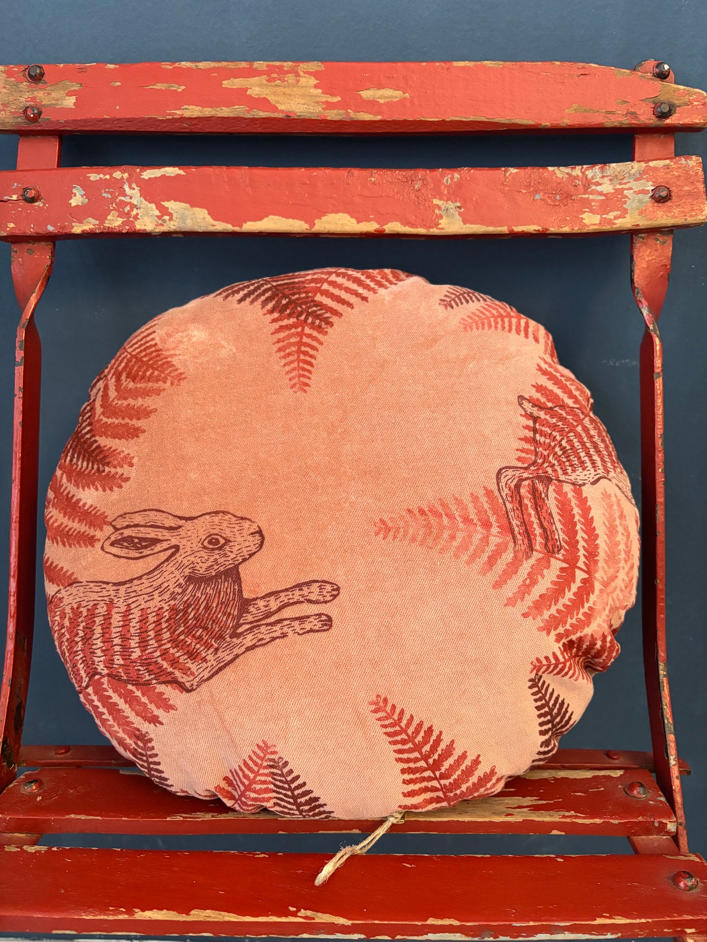 Cuscino tondo in velluto terracotta con felci e lepre serigrafati