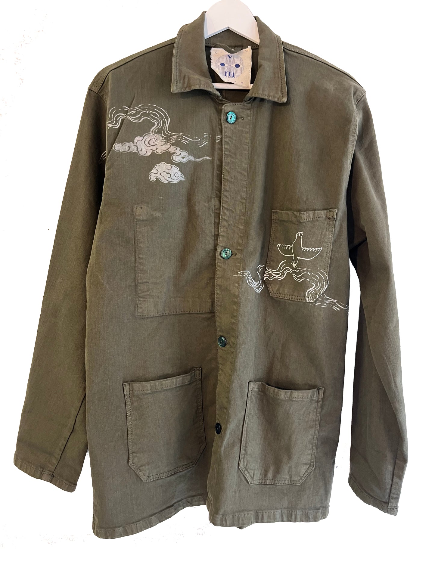 giacca spessa verde oliva serigrafata con dragoni e nuvole