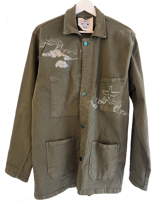 giacca spessa verde oliva serigrafata con dragoni e nuvole