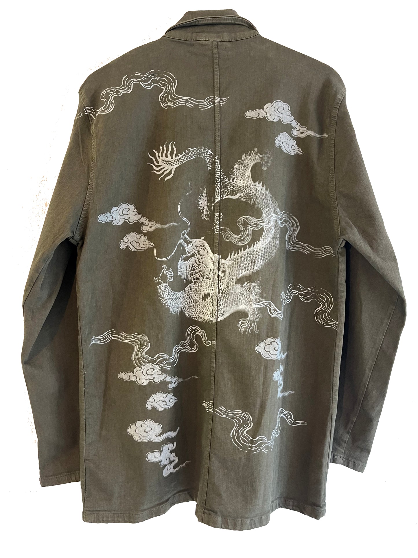 giacca spessa verde oliva serigrafata con dragoni e nuvole