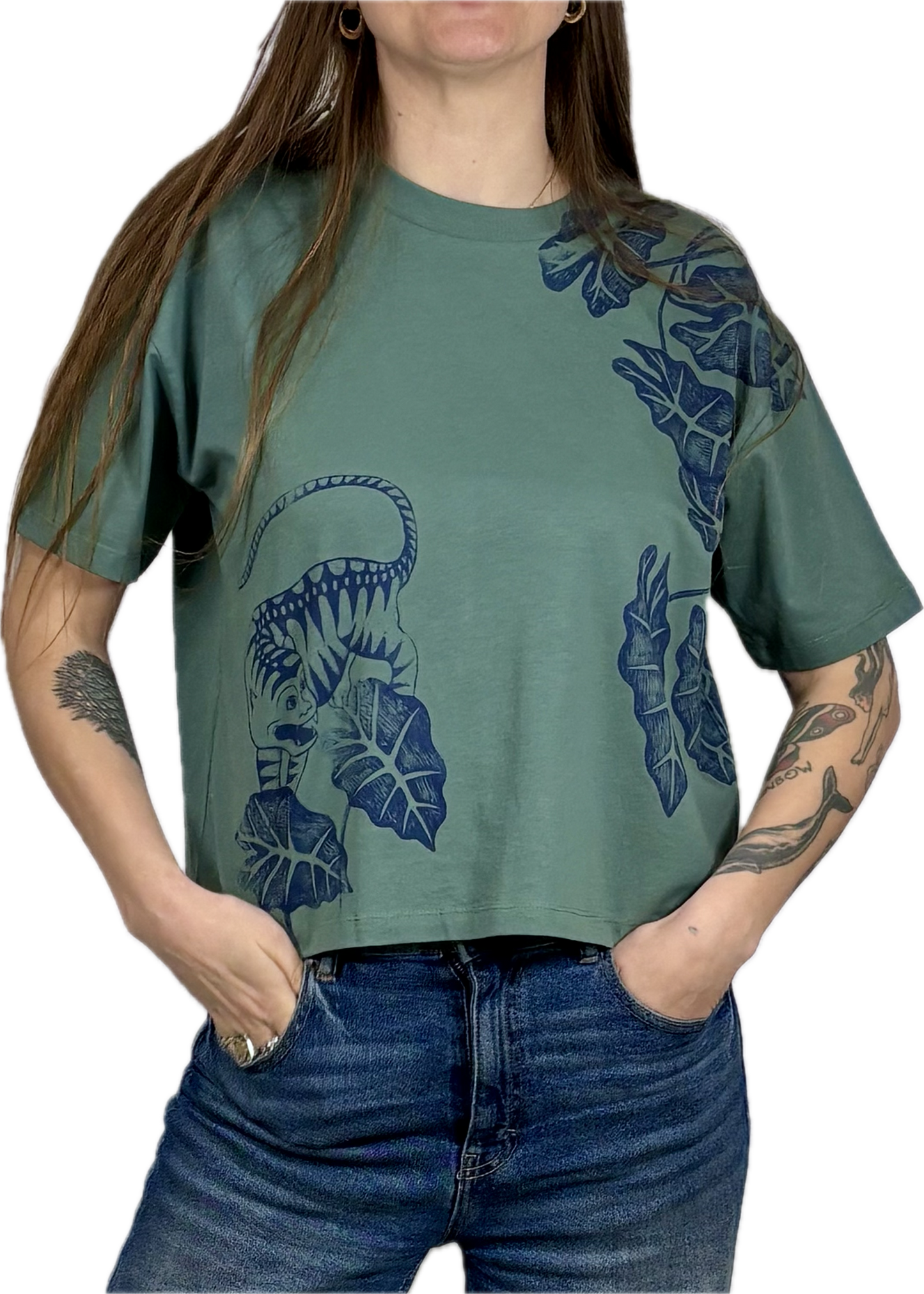 T-shirt taglio boxy serigrafata con tigre e foglie di drosera