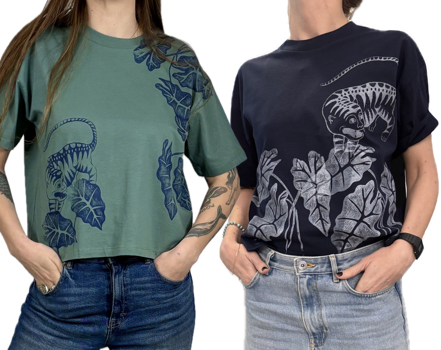 T-shirt taglio boxy serigrafata con tigre e foglie di drosera