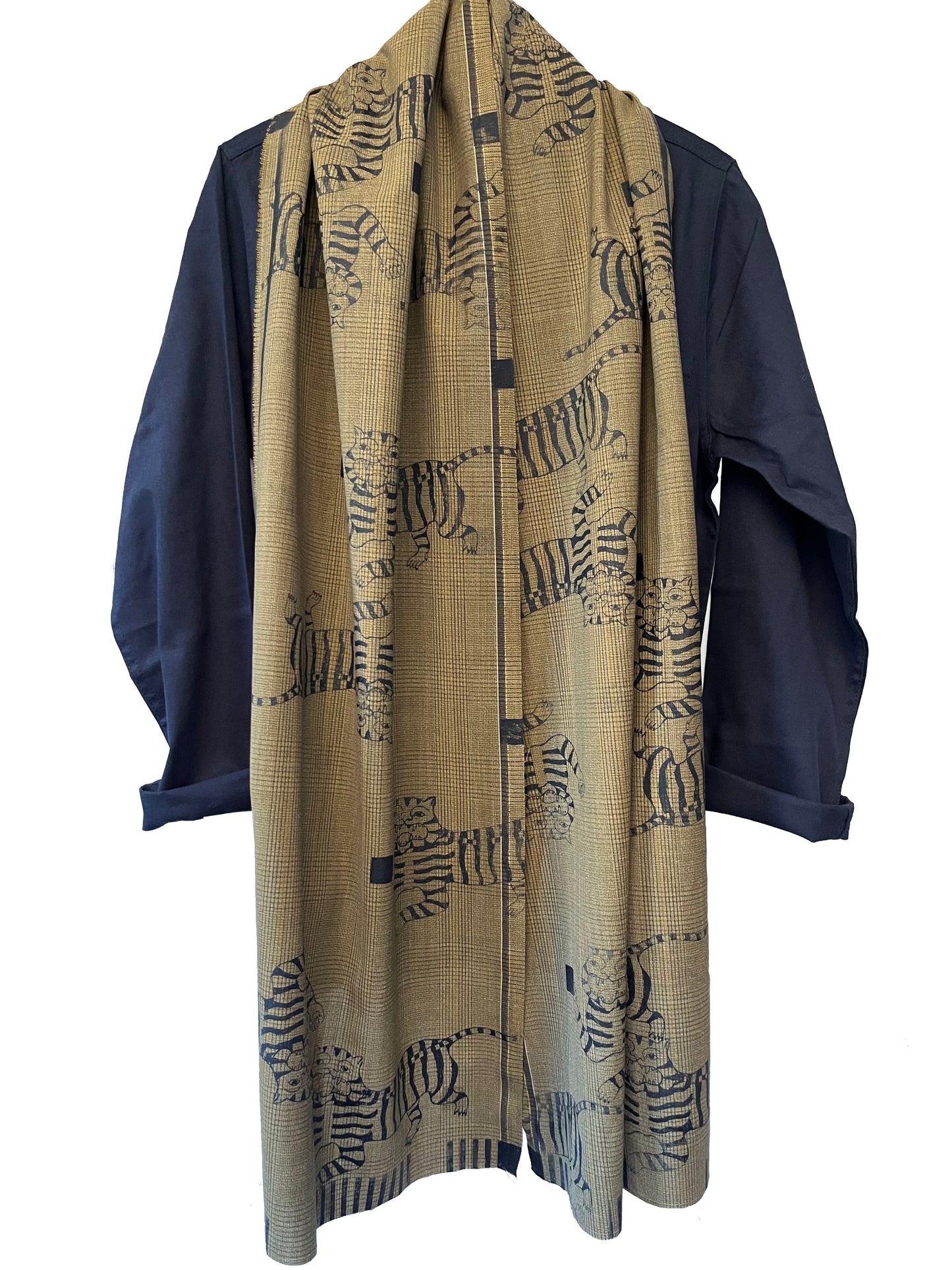 sciapone in lana e seta deadstock serigrafato con tigri blu