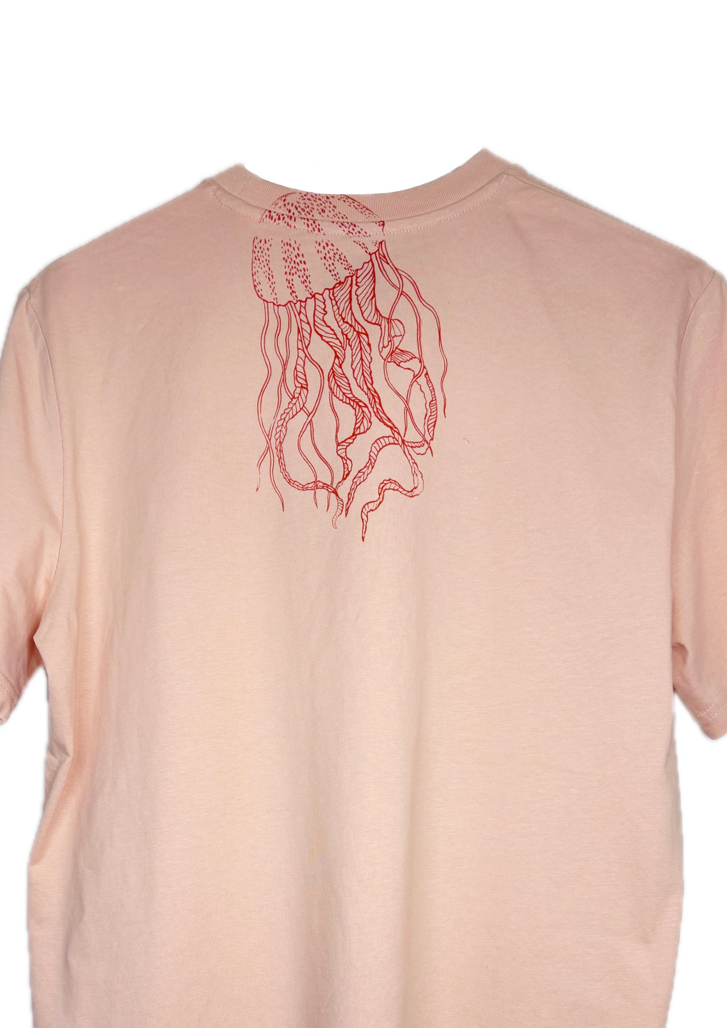 T-shirt modello classico rosa pesca serigrafata in rosso con disegni marini