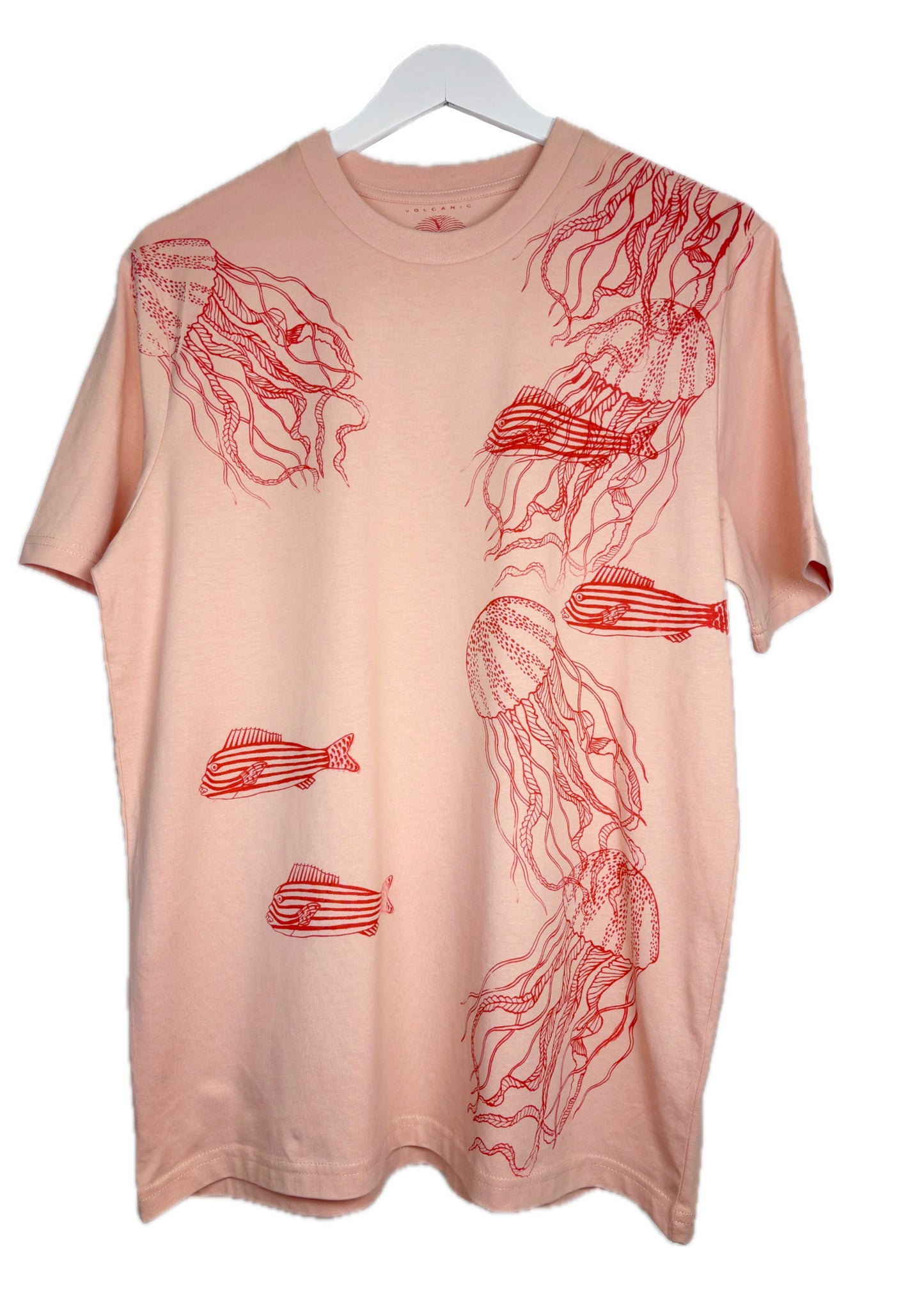 T-shirt modello classico rosa pesca serigrafata in rosso con disegni marini