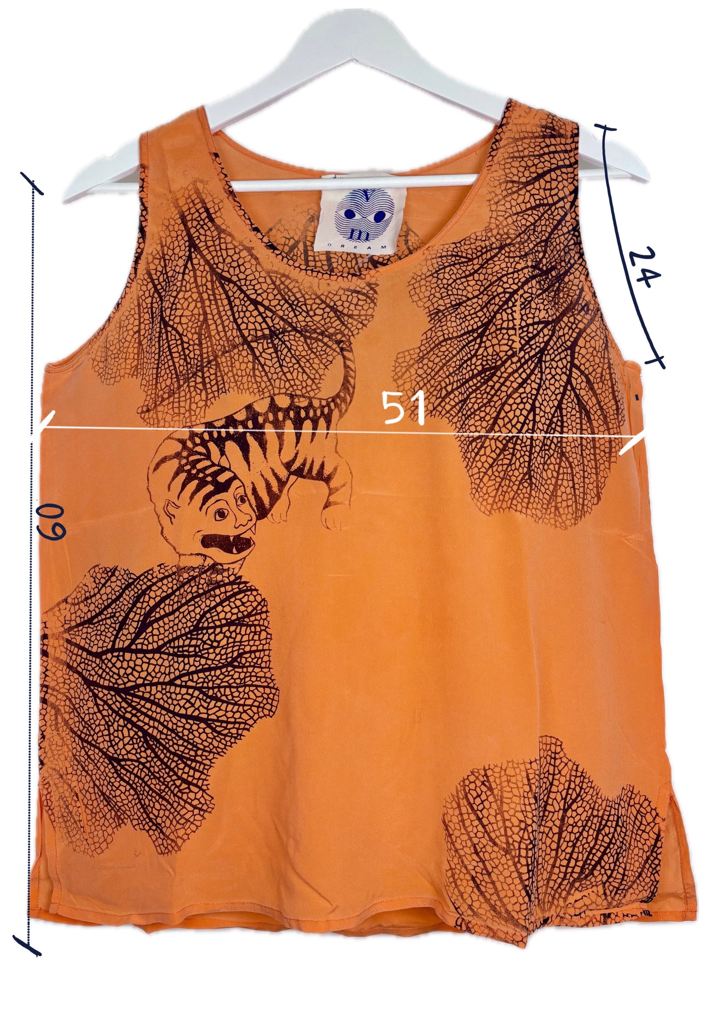 Canotta in seta arancio upcycled con tigre e coralli blu