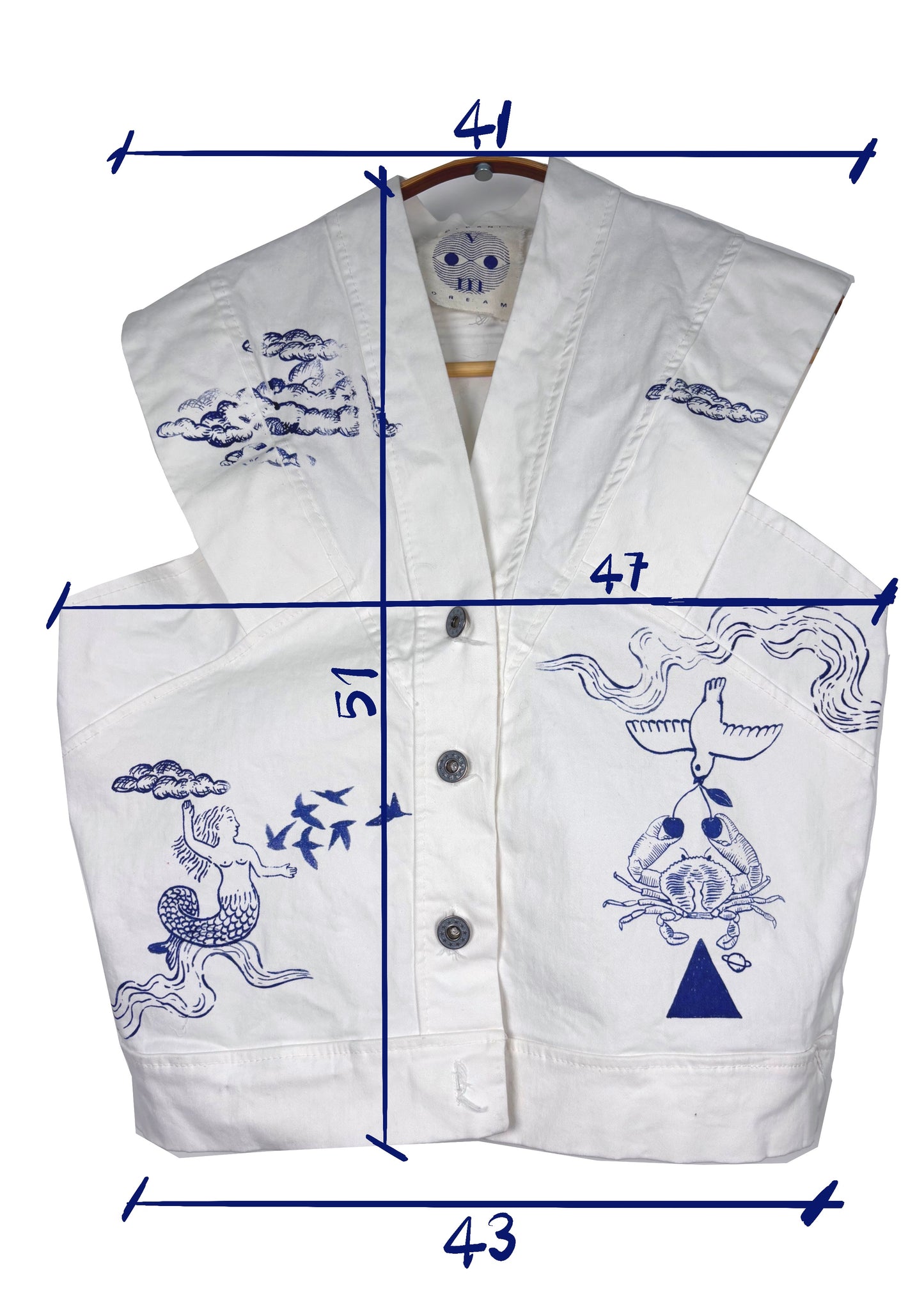 Gilet-blusa in denim bianco sartoriale upcycled serigrafato con motivi marini