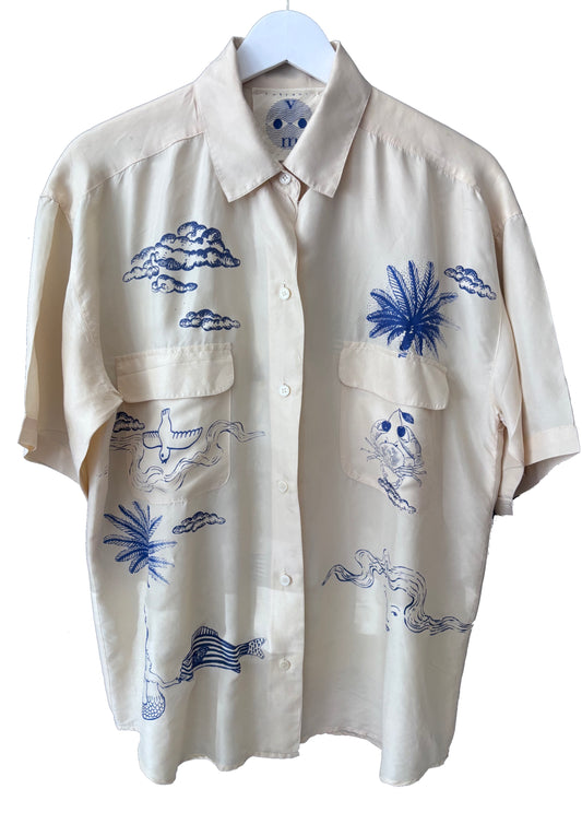 Camicia 100%seta avorio upcycled con serigrafie marine