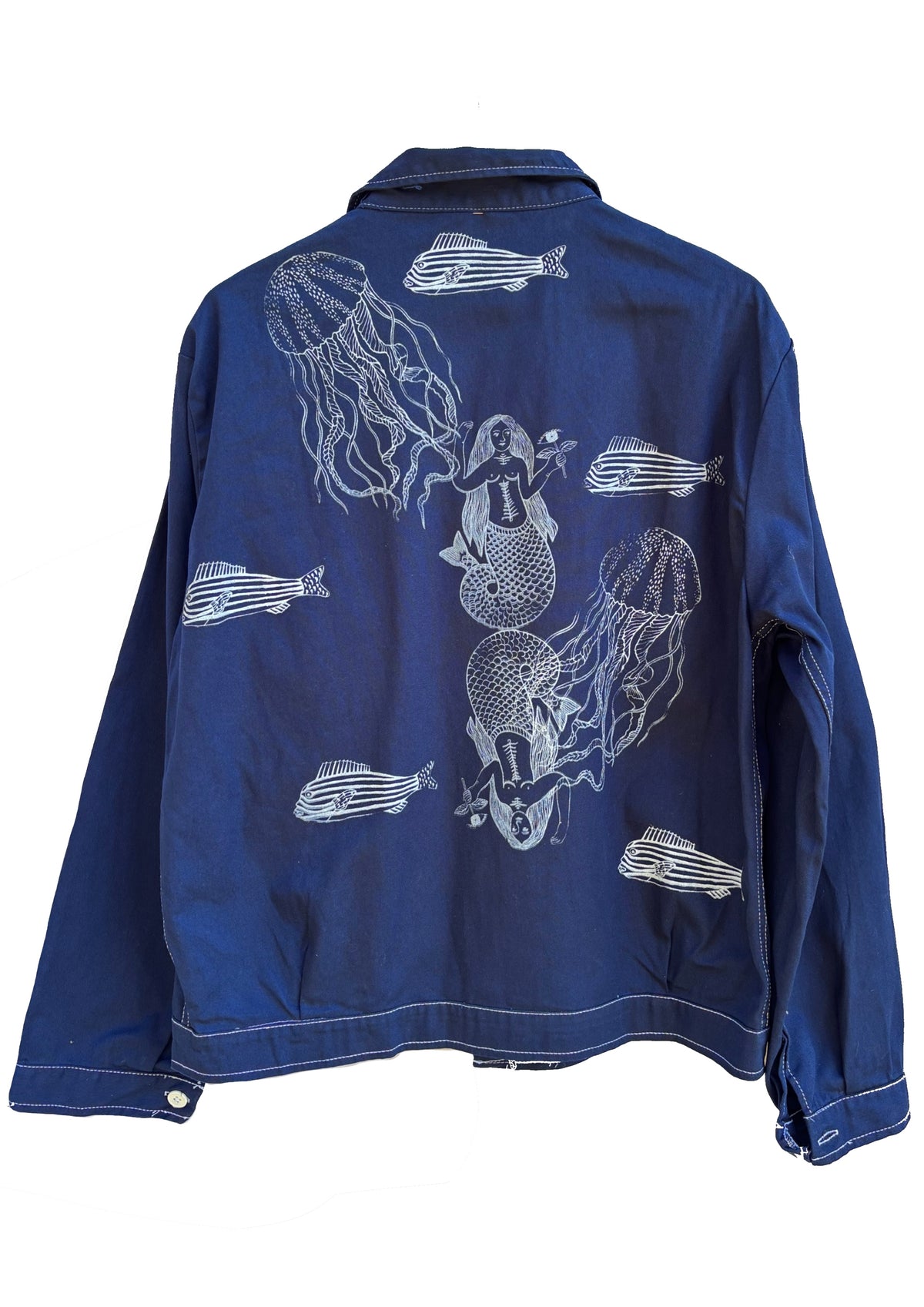 Shacket blu navy con serigrafie vulcaniche a tema marino