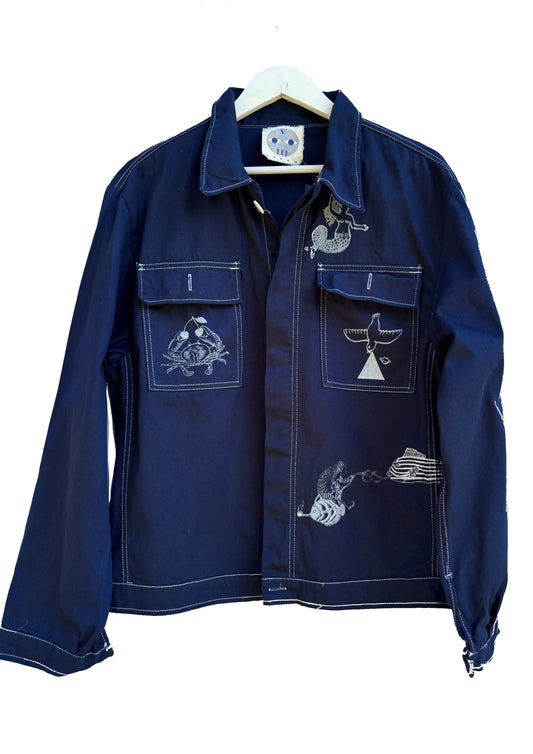 Shacket blu navy con serigrafie vulcaniche a tema marino