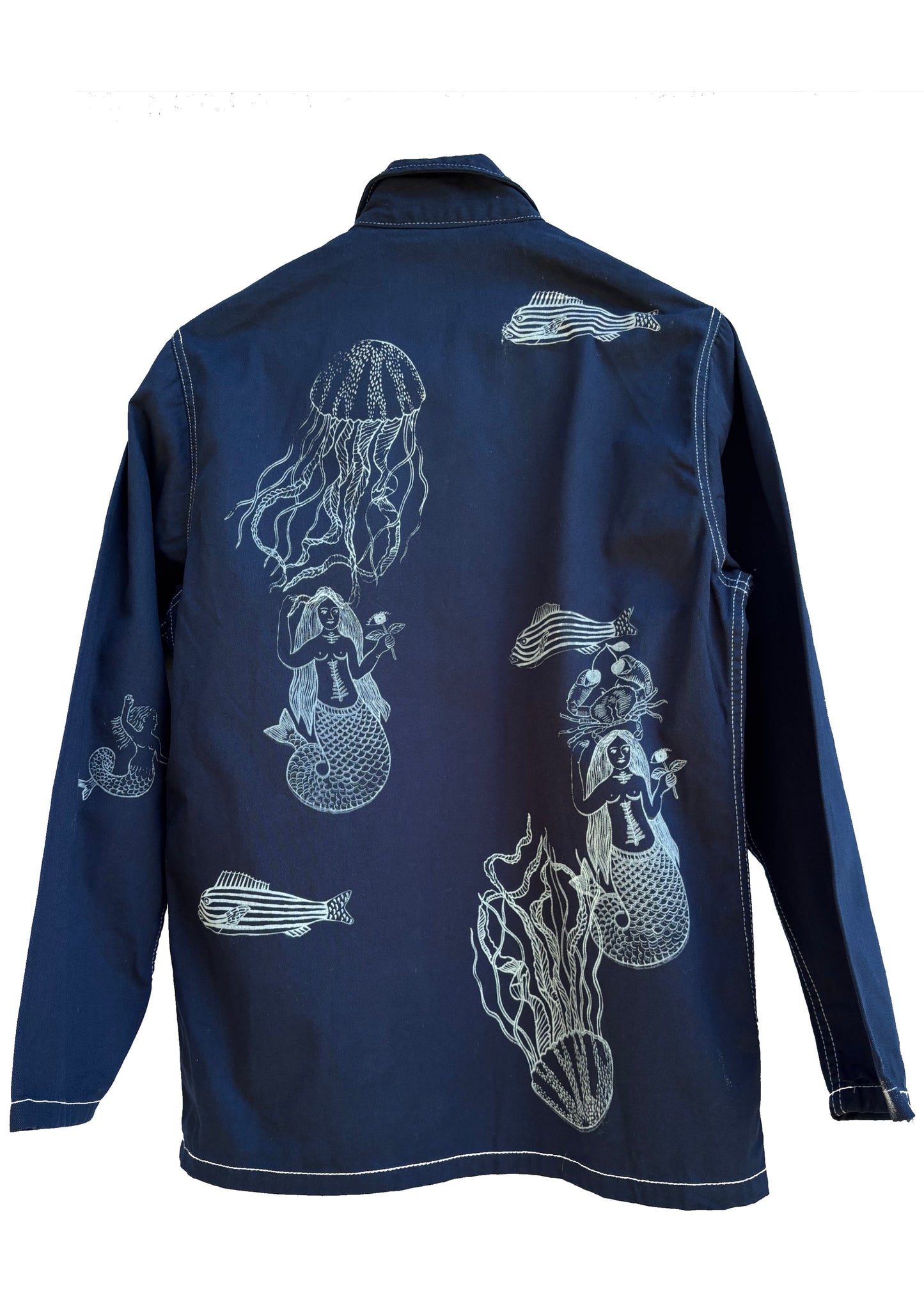 Shacket blu navy con serigrafie vulcaniche a tema marino