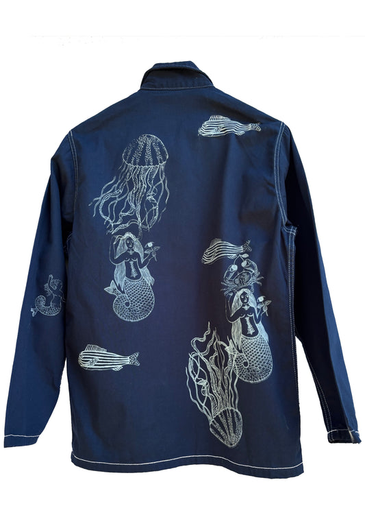 Shacket blu navy con serigrafie vulcaniche a tema marino