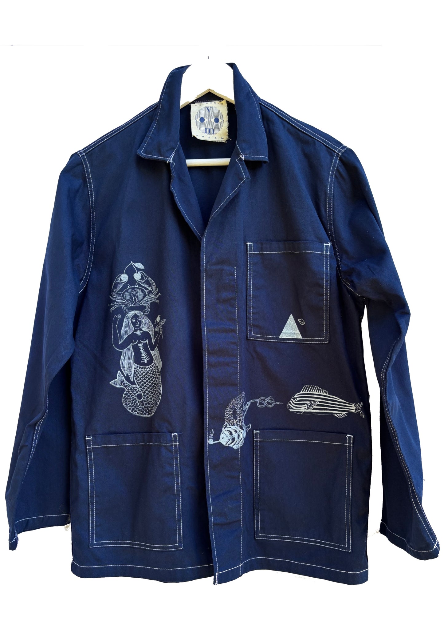 Shacket blu navy con serigrafie vulcaniche a tema marino
