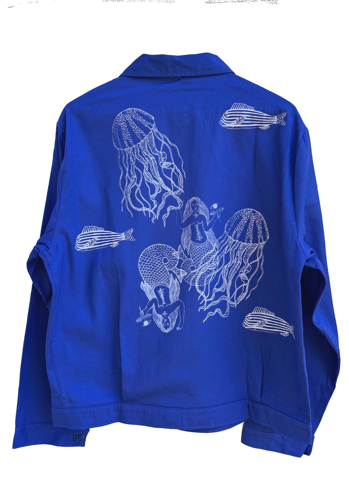 Shacket blu klein con serigrafie vulcaniche a tema marino