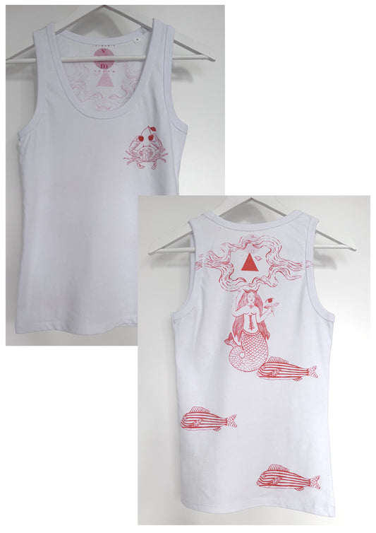 Canotta fitted bianca con serigrafie vulcaniche a tema marino