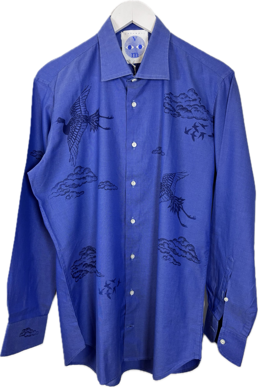 Camicia upcycling celeste serigrafata