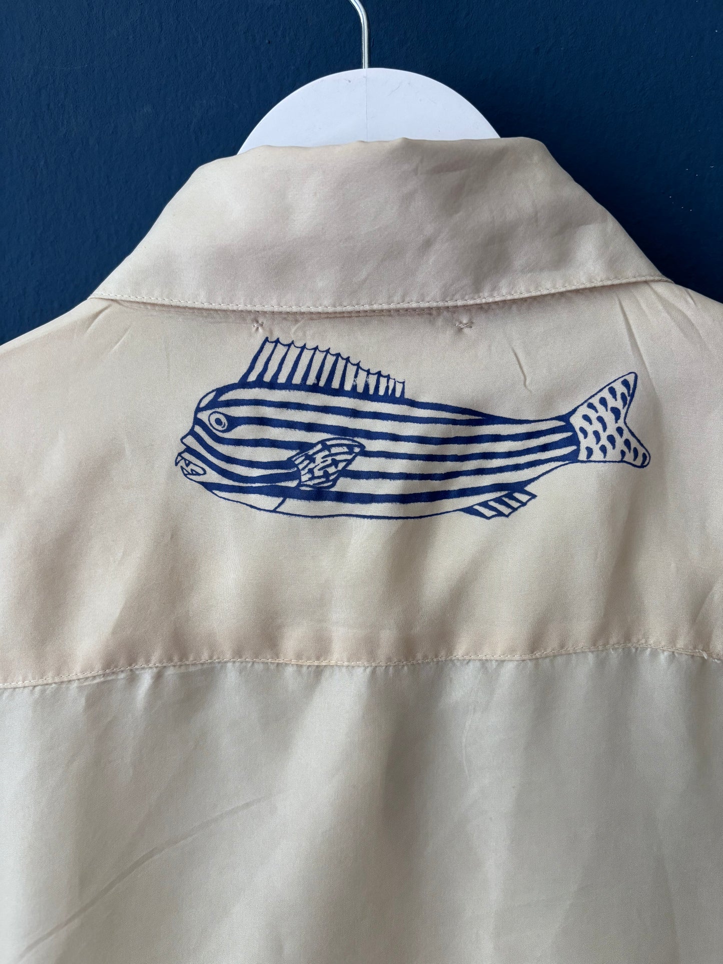 Camicia 100%seta avorio upcycled con serigrafie marine