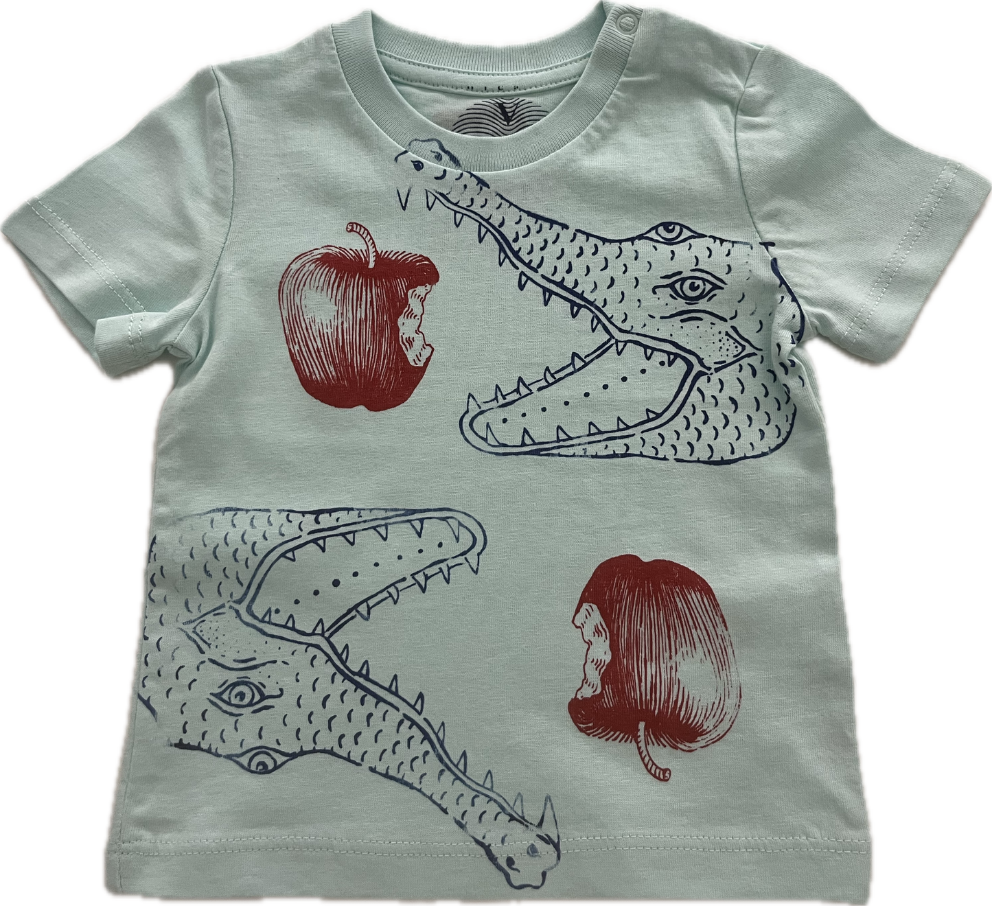 t-shirt bimbo serigrafata con teste di coccodrillo e mele