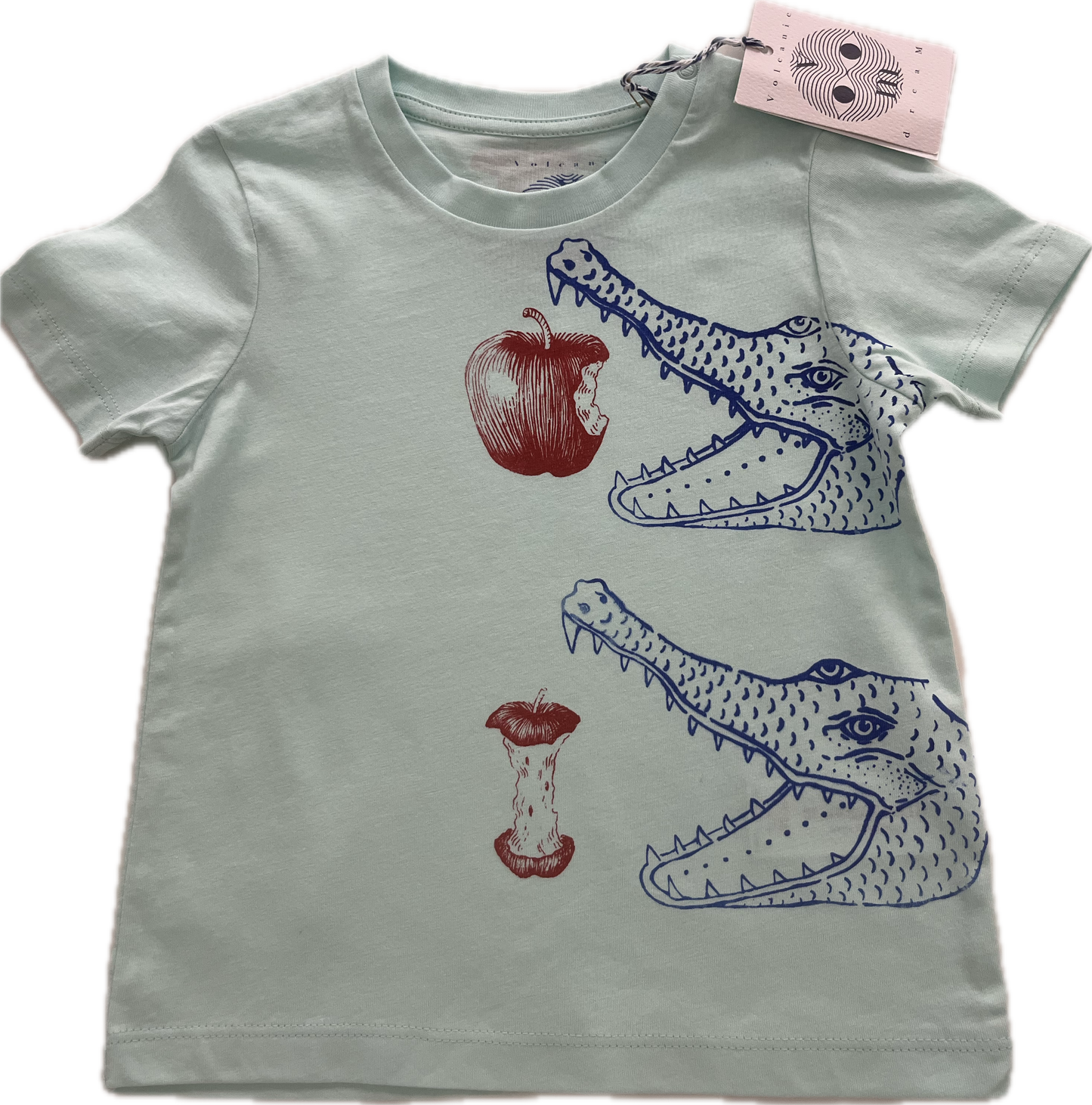 t-shirt bimbo serigrafata con teste di coccodrillo e mele